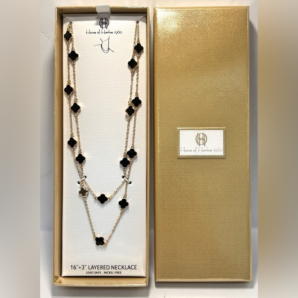 House of Harlow 1960 Black and Gold Clover Necklace NWT